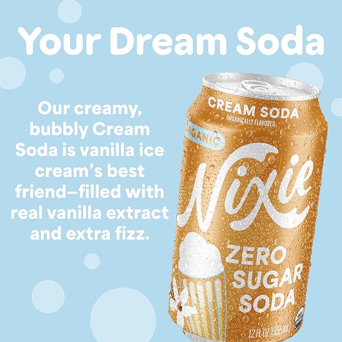 Nixie Organic Zero Sugar Soda, Cream Soda, Organic, 0 Sugar, 0 Calories, Healthy Soda Pop, Non-GMO, Caffeine Free, 12oz Cans (12 Pack)