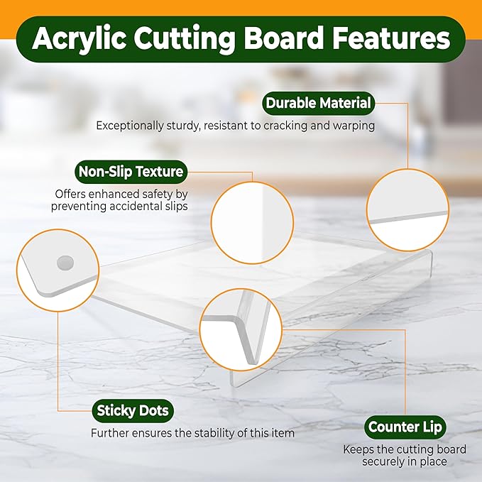 Acrylic Cutting Board with Counter Lip – Clear Cutting Board with Storage Hangers – Non-Slip Countertop Protector with Dual-Sided Tape – Textured Center for Extra Grip – Chopping Boards for Kitchen
