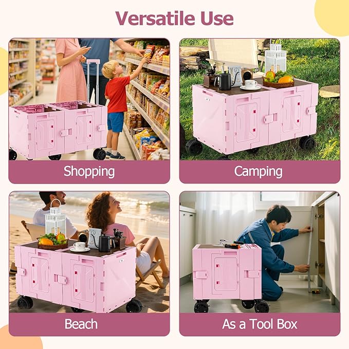 Goplus Large Foldable Utility Cart w/ 2-Tier Storage Crates, 5 Rotate Wheels, Metal Telescoping Handle, Portable Rolling Trolley Collapsible Cart for Grocery Shopping Camping & Travel (Pink)