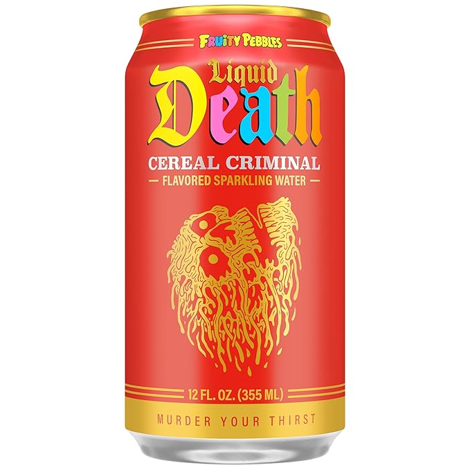 Liquid Death, Cereal Criminal, Fruitty Pebbles-Flavored Sparkling Water, 12-Pack (12oz Cans), Low Sugar, Huge Flavor & No Artificial Sweeteners