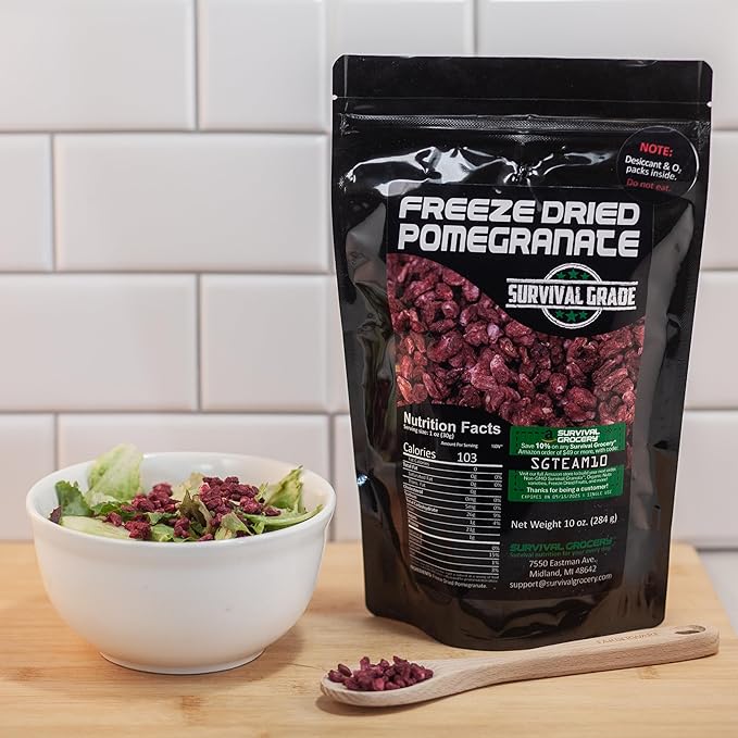 Survival Grocery® Freeze Dried Pomegranate Seeds/Arils – No Sugar Added, No Preservatives, Rich in Antioxidants & Vitamin C – Ideal for Oatmeal, Smoothies, Granola or Snacking (40 oz./4 Bags)