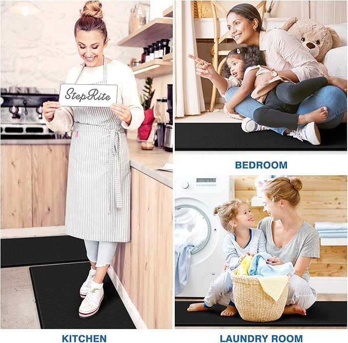 StepRite Kitchen Mats, 2PCS Kitchen Rugs, Cushioned Anti Fatigue Kitchen Mats for Floor, Non-Slip Standing Desk Mat, Waterproof Kitchen Rug Set for Kitchen, Floor, Office, 17.3"x30"+17.3"x47", Black