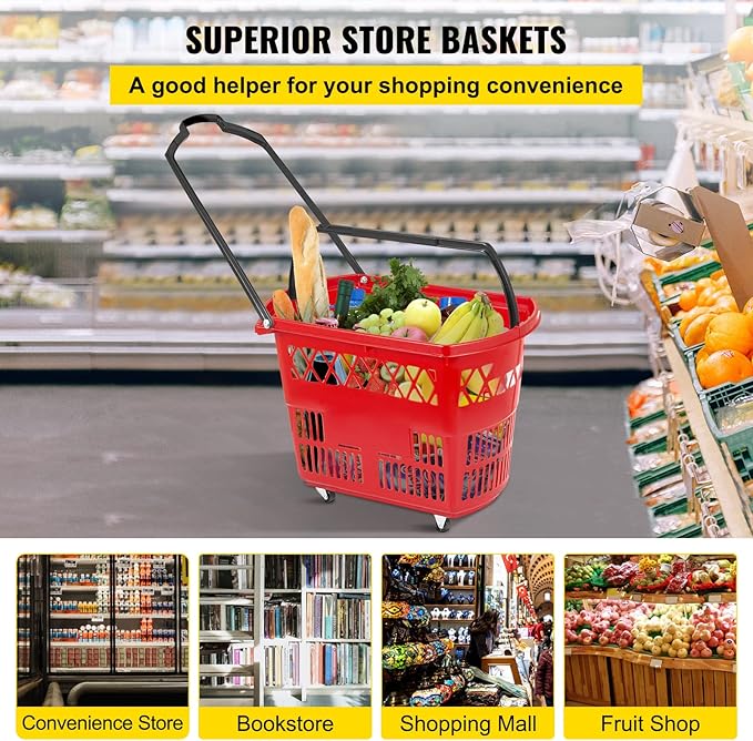 Mophorn 6PCS Shopping Carts, Plastic Rolling Shopping Basket with Wheels, Red Shopping Baskets with Handles, Portable Shopping Basket Set for Retail Store