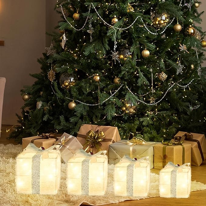 Christmas Lighted Gift Boxes Decorations Set of 4, 2.8Ft Stackable Christmas Nesting Boxes Battery Operated with Timer for Home and Party Decoration