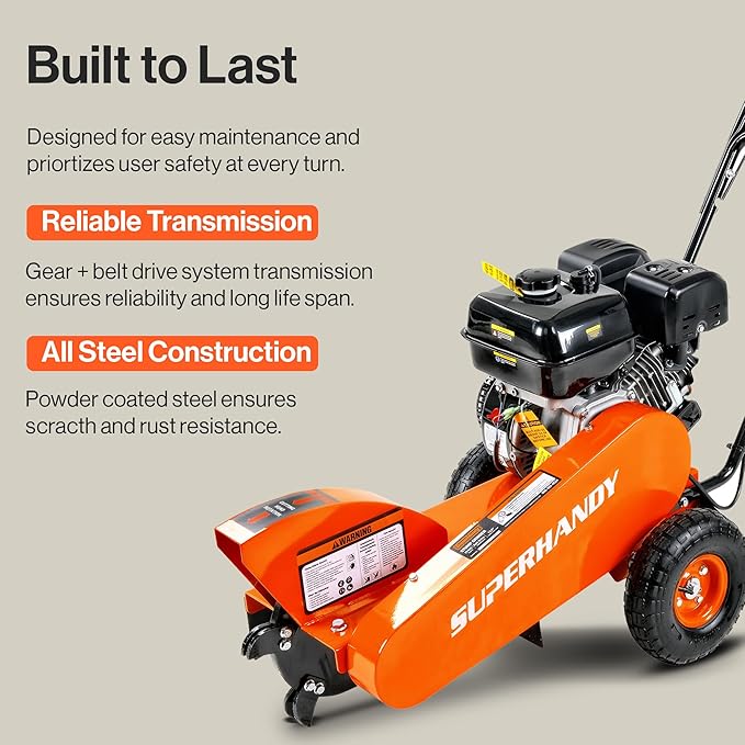 SuperHandy Gas-Powered Stump Grinder with 9HP Engine, Direct Belt Drive, 12-Inch Cutting Depth, 6 Durable Carbide Teeth – Compact and Lightweight