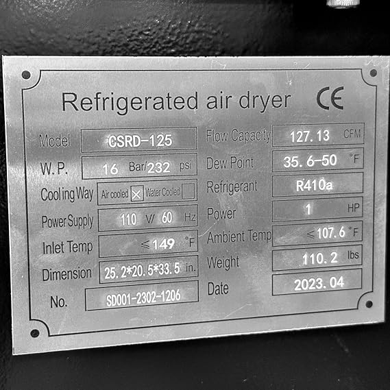 Compressor Source 125 CFM Refrigerated Air Dryer for Air Compressors Moisture Filter 110V CSRD-125