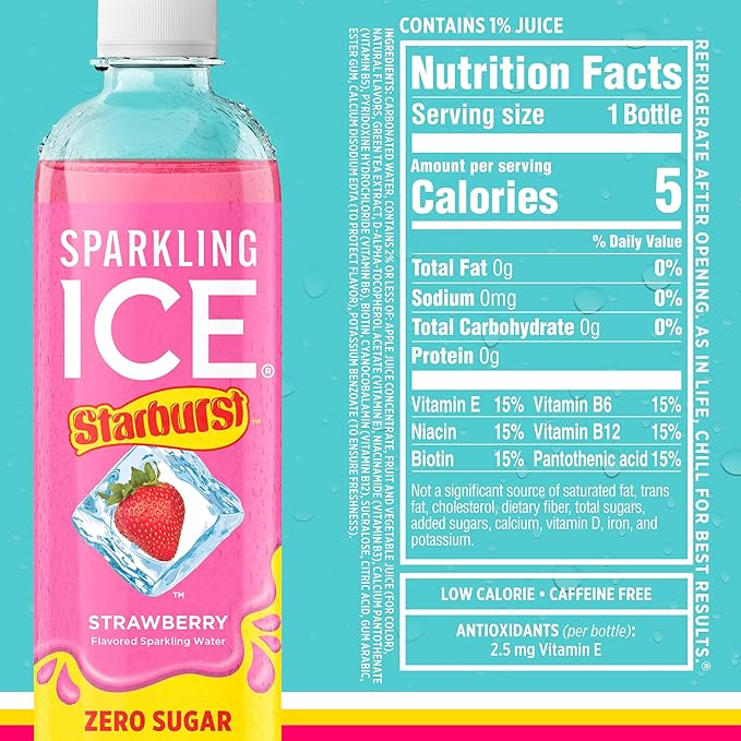Sparkling Ice STARBURST Variety Pack, Zero Sugar Flavored Sparkling Water, with Vitamins and Antioxidants, Low Calorie Beverage, 17 fl oz, 12 count (Cherry, Strawberry, Lemon, Orange)