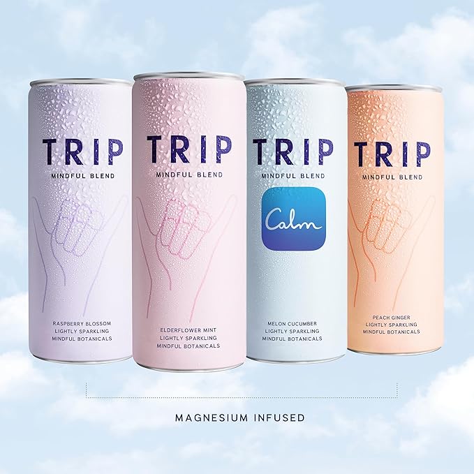 Trip Mindful Blend, Lightly Sparkling Adaptogen Seltzer, Mocktail w/ 120mg Magnesium Citrate with Ashwagandha, Lions Mane & L Theanine, No Added Sugar, Vegan, Original Variety Pack, 12 Oz, 12Pk