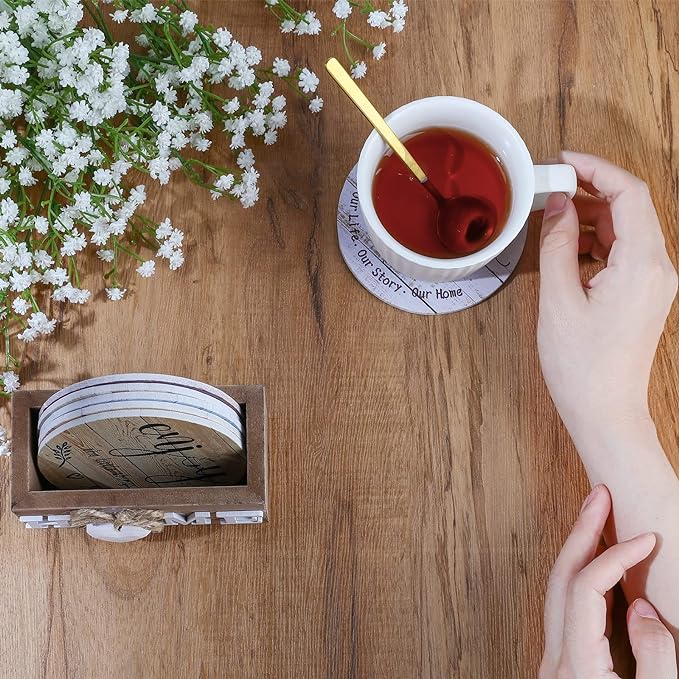 Queekay Housewarming Gifts for Home Decoration Wooden Heart Coasters for Drinks 6 Set Farmhouse Coasters with Holder Funny for Family Coffee Table Protection, 4''(Farmhouse Color)