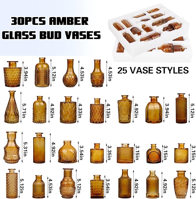 Bud Vase Set of 30 in Bulk Amber Glass Bud Vase 30 Pack Bud Vases for Centerpieces Vintage Amber Mini Flower Vases for Home Centerpieces Wedding Decorations