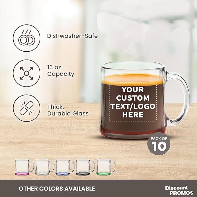 Custom Libbey Clear Glass Coffee Mugs 13 oz. Set of 10, Personalized Bulk Pack - Perfect for Coffee, Tea, Espresso, Hot Cocoa, Other Beverages - Red Bottom