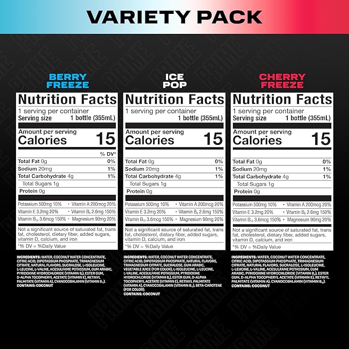 PRIME HYDRATION Variety - Blue Freeze, Cherry Freeze, ICE POP Sports Drinks, Electrolyte Enhanced for Ultimate Hydration, 250mg BCAAs, B Vitamins, Antioxidants, Low Sugar, 12 Fl Oz, 15 Pack