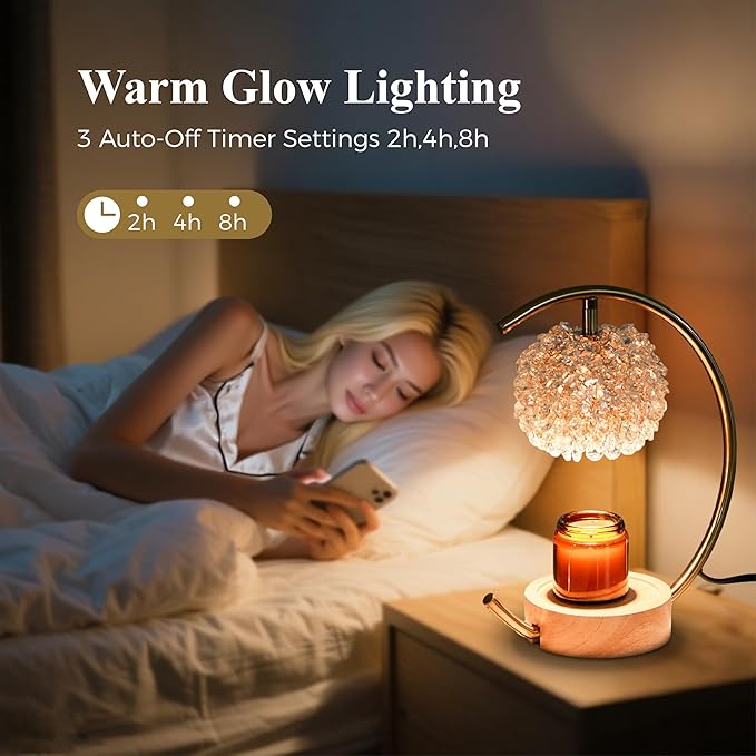 Gold Candle Warmer Lamp for Jar Candles with Adjustable Brightness＆Timer，Handcrafted Crystal＆Wooden Base, Luxurious Design,Home Decoration Electric Candle lamp(C-Shaped)