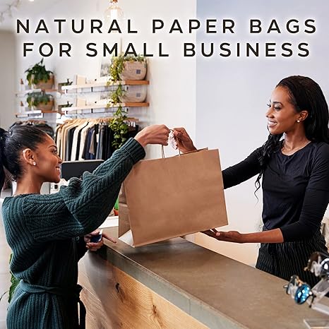 Qutuus Large Kraft Paper Shopping Bags with Handles Bulk - 16x6x12 Inch 300 Pcs Brown Paper Sacks, Kraft Bags for Gift Packaging Small Business Boutiques Retail Stores Grocery Merchandise