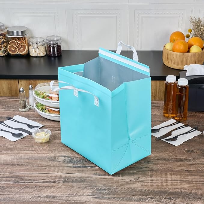 Restaurantware Insulated Take Away Bags 100 Pack Of Reusable Grocery Shopping Bags With Handle Foldable Waterproof Cooler Delivery Carriers For Work Camping Restaurants Coffee Seafood Milk Tea