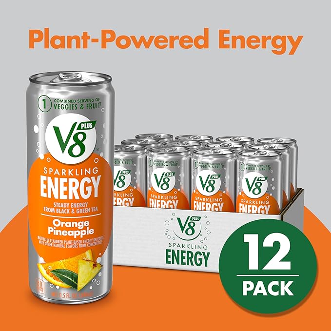 V8 +Energy Sparkling Orange Pineapple Juice Energy Drink, 11.5 fl oz Can (12 Pack)