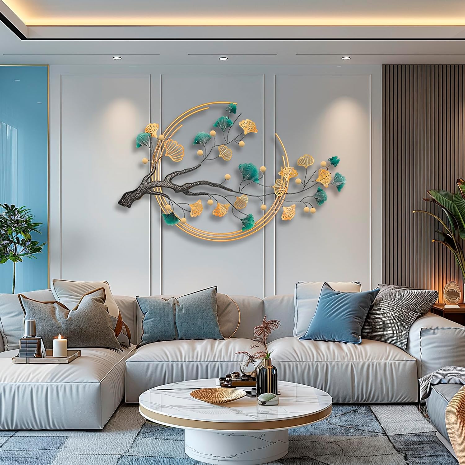 QXSXKJ 3D Metal Wall Art Decor for Living Room Large Modern Wall Sculptures Gold, 59'' Metal Wall-mounted Home Decoration, Creative Ginkgo Décor for Living Room Dining Room Bedroom (ginkgo leaf)