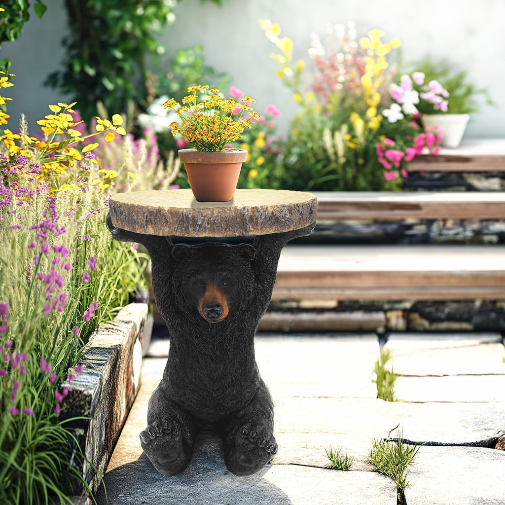 American Black Bear Side Table Pedestal End Table Stool Resin Bear Statue Hand Painted Sculpture Home Office Living Room Decor