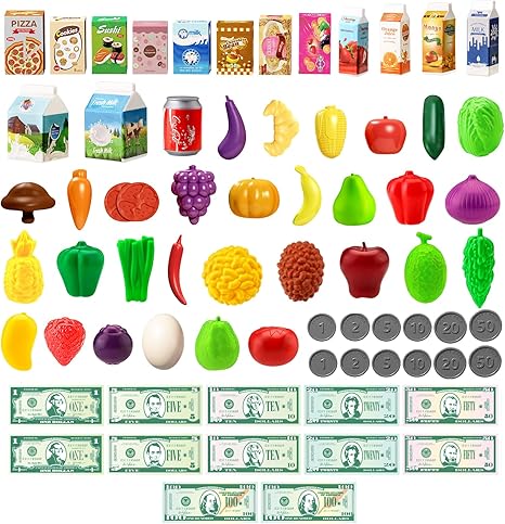 102pcs Kids Shopping Cart Trolley Play Set with Pretend Food and Accessories,Perfect for Ages 3+ Pretend Play and Role-Playing Games