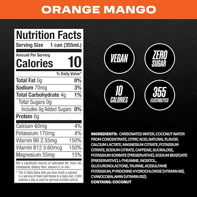 PRIME Energy ORANGE MANGO | Zero Sugar Energy Drink | Preworkout Energy | 200mg Caffeine with 355mg of Electrolytes and Coconut Water for Hydration| Vegan | Gluten Free |12 Fluid Ounce | 24 Pack