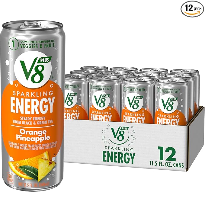 V8 +Energy Sparkling Orange Pineapple Juice Energy Drink, 11.5 fl oz Can (12 Pack)