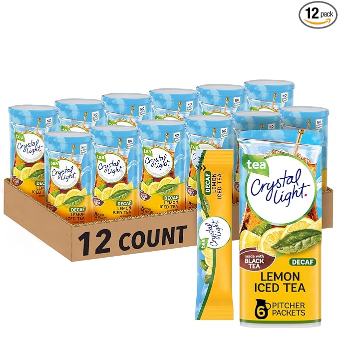 Crystal Light Decaf Lemon Iced Tea Naturally Flavored Powdered Drink Mix, 72 ct Pack, 12 Canisters of 6 Pitcher Packets