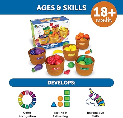 Learning Resources Farmer's Market Color Sorting Set - Play Food for Kids, Toddler Learning Toys, Grocery and Kitchen Play Toys