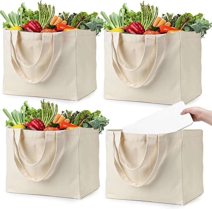 Lzerking Canvas Tote Bag 4 Pack, Heavy Duty Reusable Grocery Bag with Pockets and Felt Base Shaper, 14x15x9.5 Inches Large Shopping Bags with Long Shoulder Strap and Short Handle