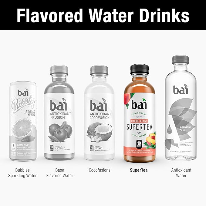 Bai Iced Tea, Narino Peach, Antioxidant Infused Supertea, Crafted with Real Tea (Black Tea, White Tea), 18 Fluid Ounce Bottles, 12 count
