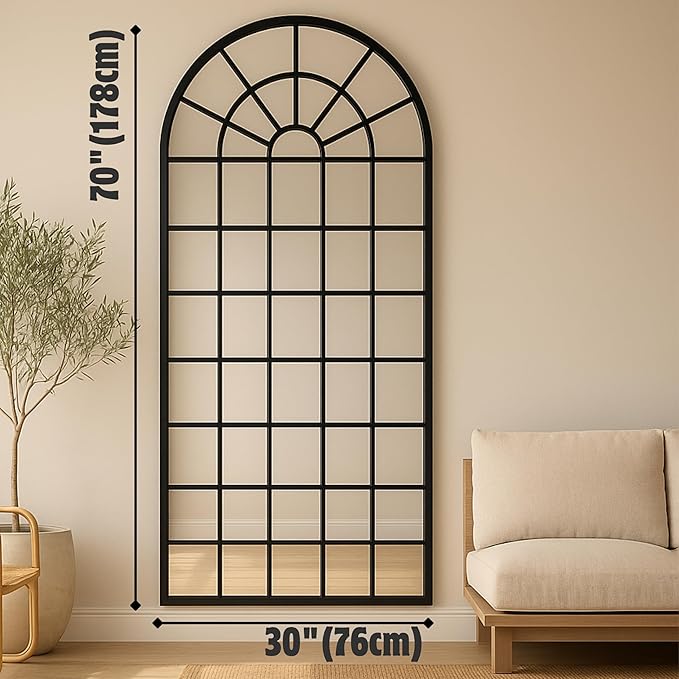 70x30Inch Large Arched Window Pane Mirror| Black Arched Mirrors for Wall & Floor | Arch Mirror Full Length for Entryway Living Room & Bedroom | Oversized Mirrors | Wall Art Decorative |Farmhouse Décor