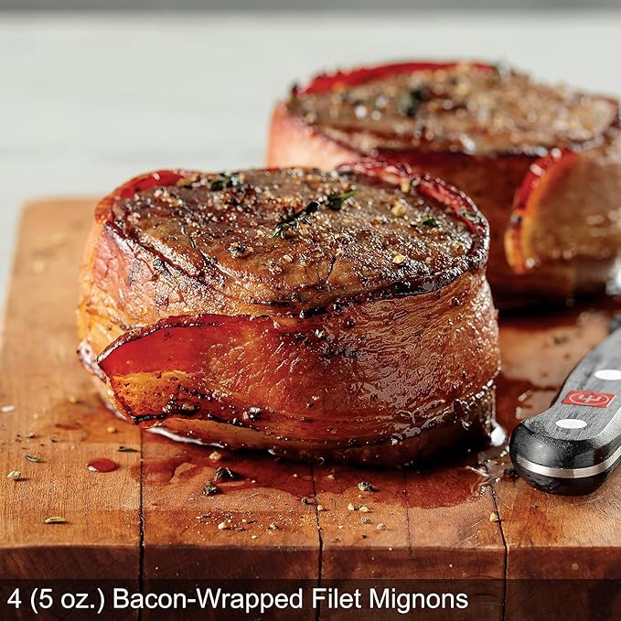 Omaha Steaks Deluxe Gift Package (4 Bacon-Wrapped Filet Mignons, 4 Steak Burgers, 4 Gourmet Jumbo Franks, 4 Potatoes au Gratin, 4 Caramel Apple Tartlets, 1 jar Omaha Steaks Seasoning)