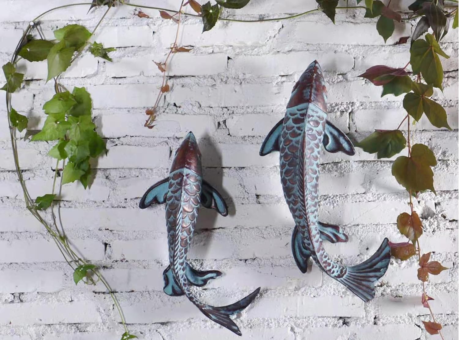 Set of 2 Koi Fish Decor Outdoor Statues Sculptures Antique Copper Garden Pond Fishes Art Metal Koi Fish Statue Outside Garden Décor Ornaments for Outdoors,Patio,Yard,Lawn,Pond,Home Decorations