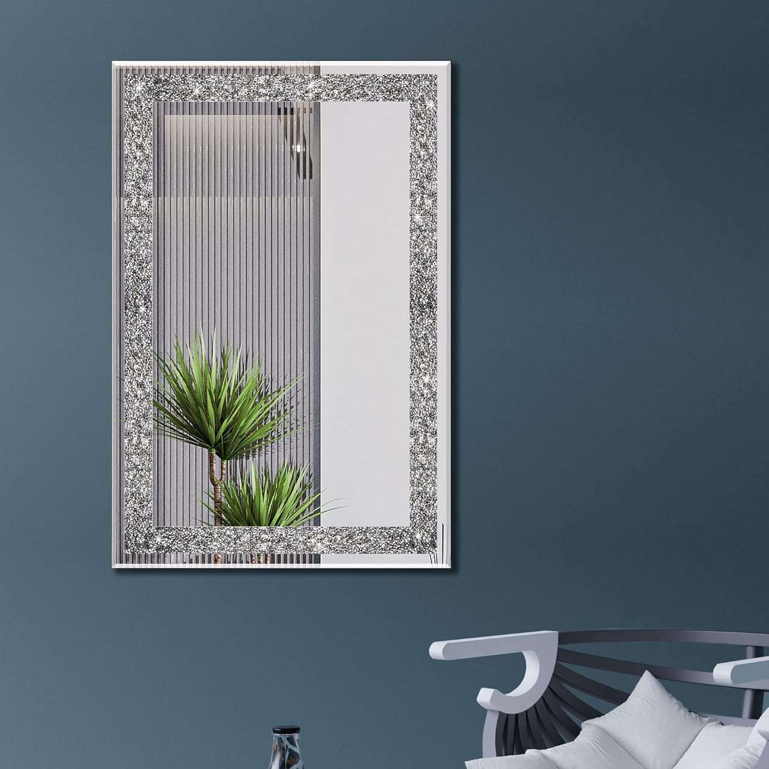 Ruomeng Wall Mirror Rectangular Crystal Crush Diamond Mirror for Home Decoration Accent Mirror for Bathroom, Entryway and Bedroom, 24" x 36"