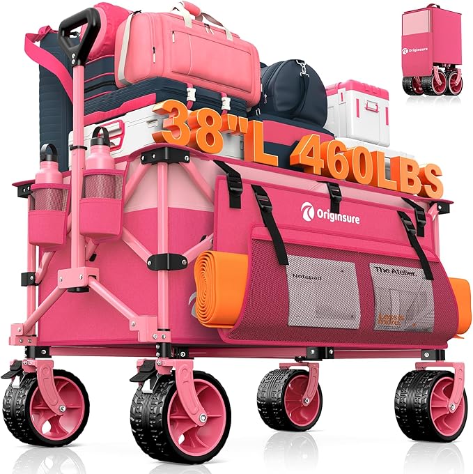 220L Collapsible Wagon Cart Foldable, 460LB Load Capacity Heavy Duty Folding Beach Wagons with Big All-Terrain Wheels, Utility Carts for Groceries, Camping, Sports - Pink