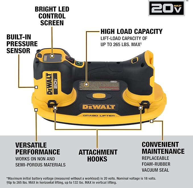 DEWALT 20V MAX Cordless GRABO Suction Lifter, Bare Tool Only, Lift-load Capacity of Up to 265 lbs. (DCE592B)