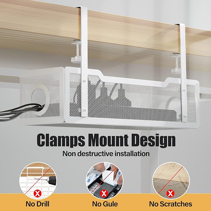 Under Desk Cable Management Tray White, Cinati Wire Organizers No Drill, Cable Tray with Clamp for Wire Management, Cord Organization Box for Office, Home - No Damage to Desk
