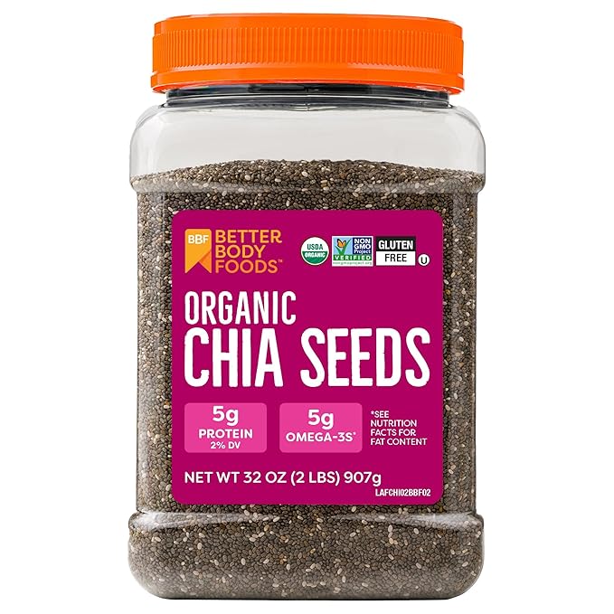 BetterBody Foods Organic Chia Seeds 2 lbs, 32 Oz, with Omega-3, Non-GMO, Gluten Free, Keto Diet Friendly, Vegan, Good Source of Fiber, Add to Smoothies