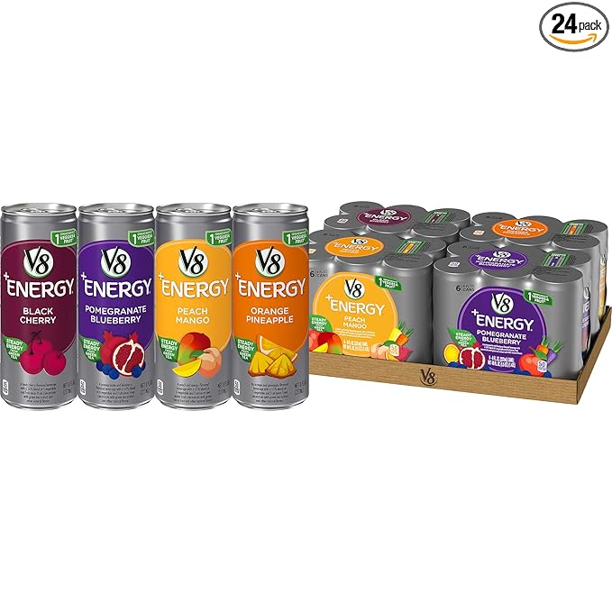V8 +Energy Variety Pack, Pomegranate Blueberry, Orange Pineapple, Peach Mango, Black Cherry,8 Fl Oz (Pack of 24)