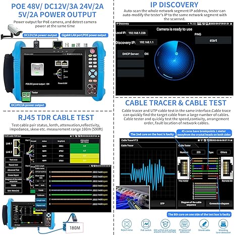 Rsrteng CCTV Camera Tester, 8K 32MP 4K 12MP IP Camera Tester 8MP AHD CVI TVI SDI Coaxial Camera Test Digital Multimeter Cable Tester Network Tools