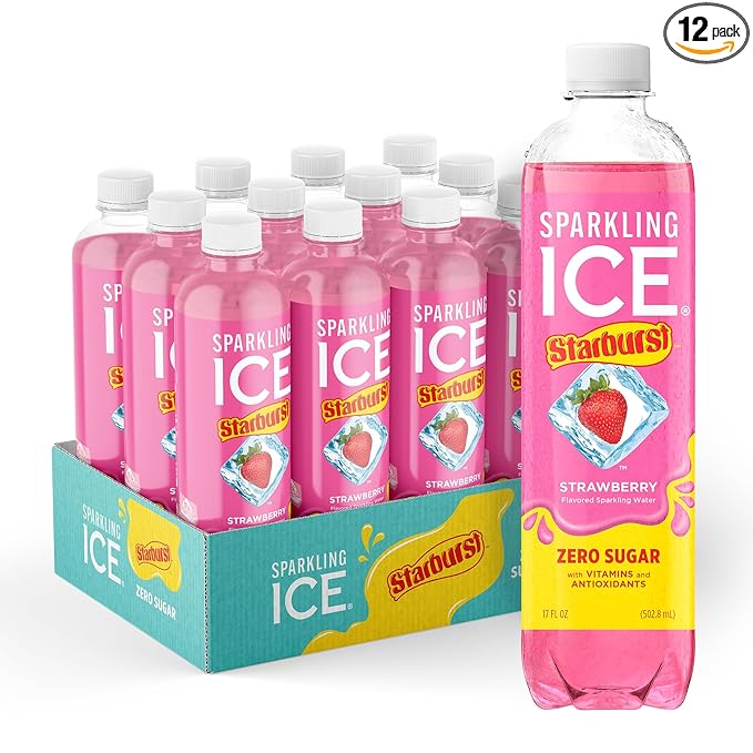 Sparkling Ice STARBURST Strawberry, Zero Sugar Flavored Sparkling Water, with Vitamins and Antioxidants, Low Calorie Beverage, 17 fl oz Bottles (Pack of 12)