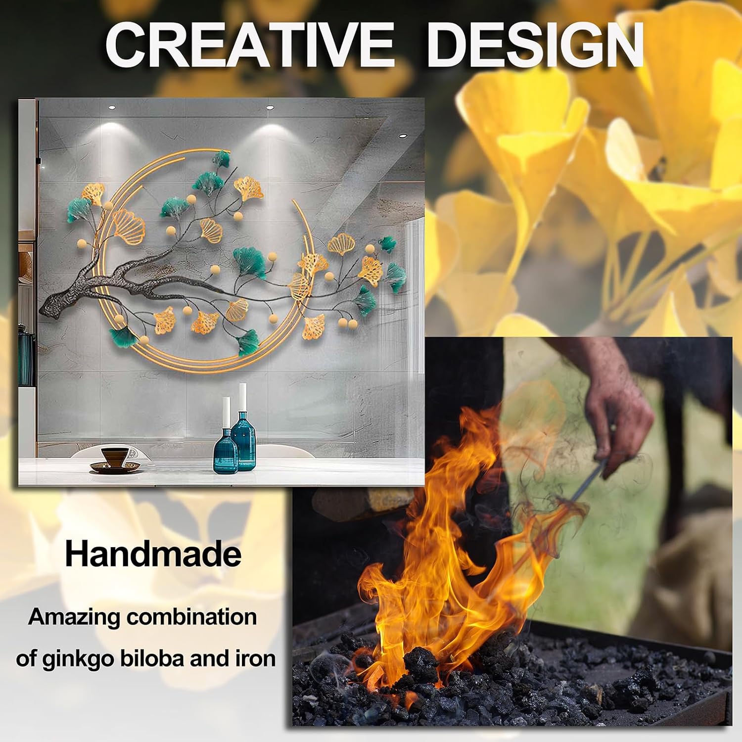 QXSXKJ 3D Metal Wall Art Decor for Living Room Large Modern Wall Sculptures Gold, 59'' Metal Wall-mounted Home Decoration, Creative Ginkgo Décor for Living Room Dining Room Bedroom (ginkgo leaf)