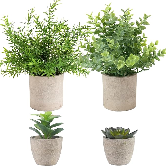 ALAGIRLS 4 Packs Fake Plants Small Artificial Plants Indoor Eucalyptus Rosemary Succulents Plants Potted Faux Plants for Home Indoor Office Bathroom Living Room Decor
