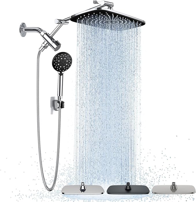 Veken Wide Rain Shower Head with Handheld, High Pressure Rainfall Showerhead Combo with Arm for Bathroom Accessories, Home Decor, Detachable Dual Shower with Multi Modes Handheld Spray, Silver Chrome