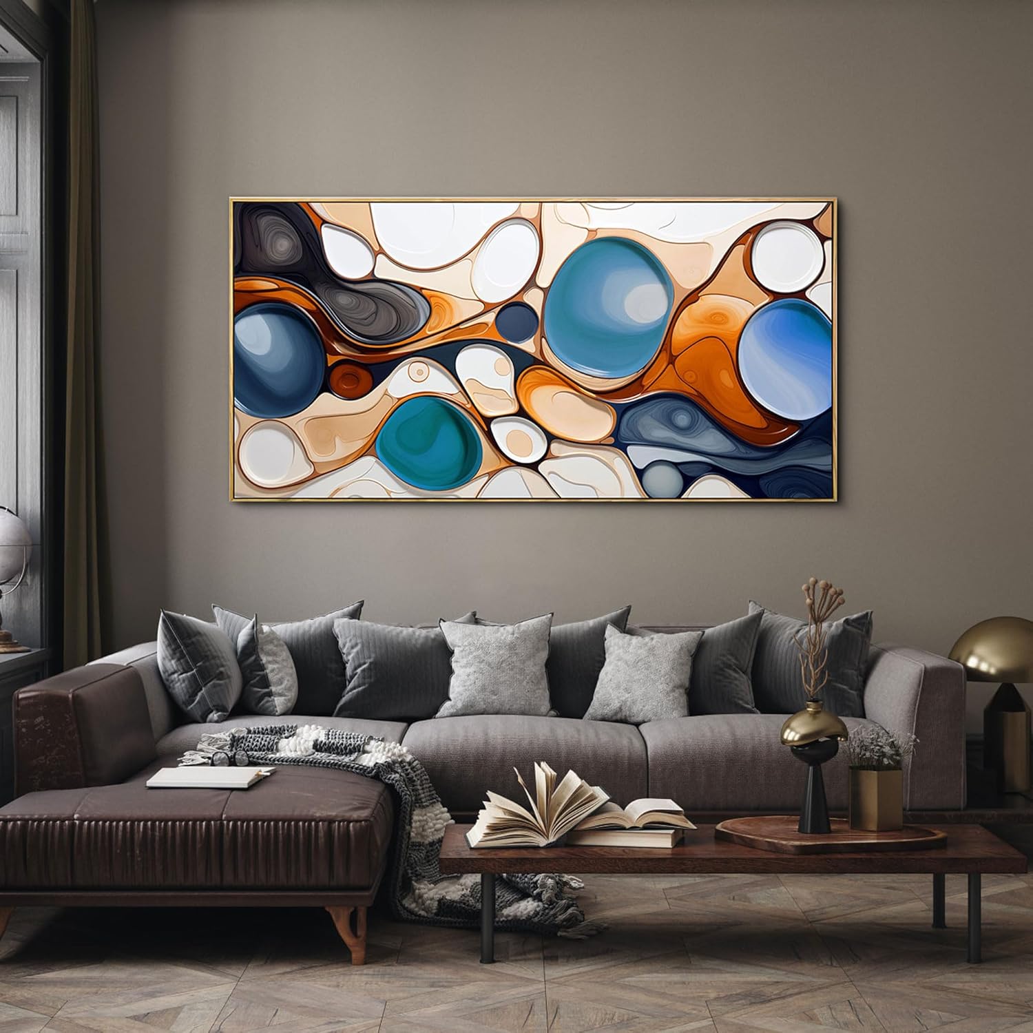 yiijeah Large Paintings for Living Room - Abstract Canvas Picture Boho Minimalism Modern Oversized Wall Decor Blue and Orange Prints Wall Decor for Office Bedroom Home Decoration - 58x29 Inches