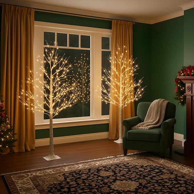 PABIPABI Birch Tree with LED Lights, 2 Pack 6ft Lighted White Christmas Trees Outdoor with Timer & Light Dimmer Prelit Artificial Twig Tree Set for Decorations Indoor Winter Home Garden Bedroom Decor