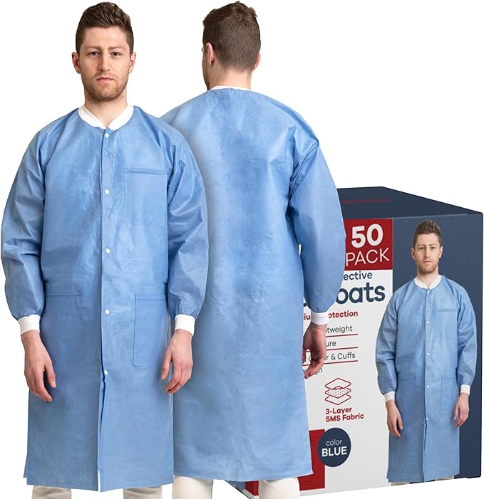 Case of 50 Disposable Lab Coats - Blue - With 3 Pockets and Soft Knit Cuffs & Collar | SMS Unisex Knee Length Medical Lab Jacket, For Hospitals, Pharmacies, Laboratories, Dental Clinics - Extra Large