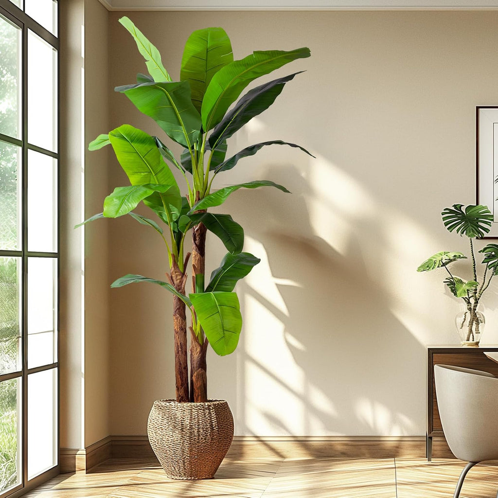 7.2FT Artificial Banana Tree Tall Fake Banana Leaf Plant Faux Banana Silk Tree Faux Banana Leaves for Home Swimming Pool Indoor Outdoor Patio Tropical Decor