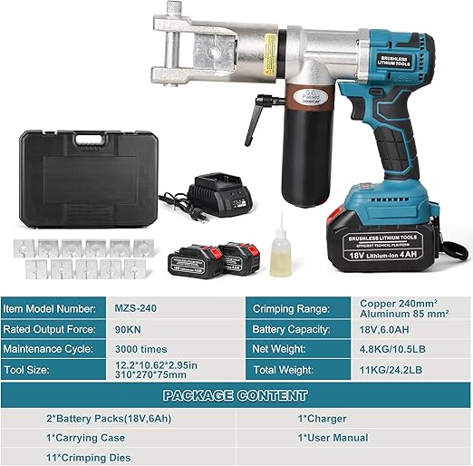 Electric Hydraulic Cable Lug Crimping Tool, 8 AWG to 500 MCM Terminal, Cable, Wire Electric Crimper Tool Kit, Cordless and Portability Battery Crimp Tool Kits with 11 Dies