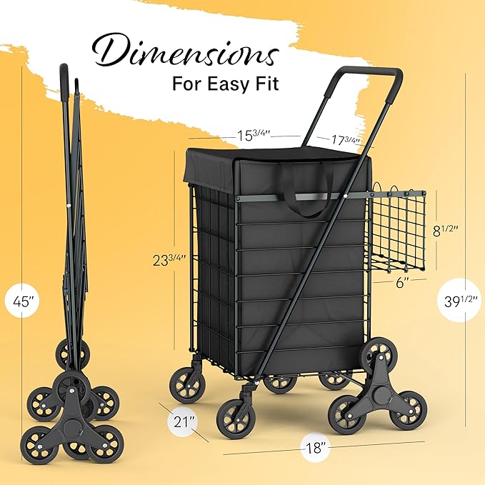 Stairs Climbing Shopping Cart w/Waterproof Basket Liner & 360° Swivel Wheels | Foldable Collapsible & Lightweight | Perfect for Groceries Laundry Utility Cart - Black