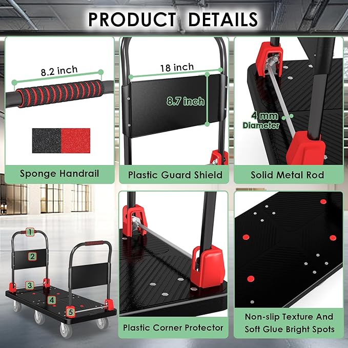 Heavy-Duty Platform Truck Cart with 2 Handrails and 6 of 6" Wheels 2200lbs Capacity Foldable Push Cart Dolly Large Flatbed Hand Cart Moving Dolly Cart for Groceries,Garage,Warehouse (50" Lx27 W)